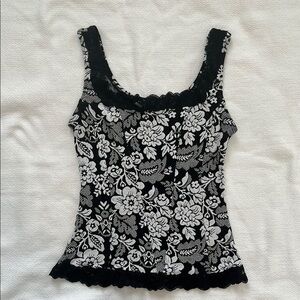 Corset Style Y2K Floral Lace Trim Black and White Women's Top XS